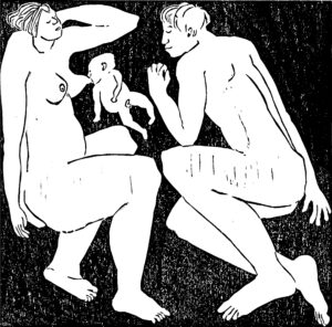 Familie Mutter Vater Kind Baby Nacht schlafen Holzschnitt