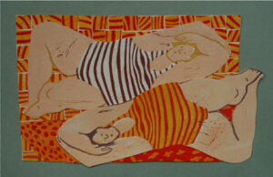 am Strand Sonnen BadenDruckgrafik Linolschnitt gestreift